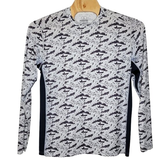 Koofin Large Navy Blue‎ / White Fish Pattern Long Sleeve Men's Fishing T-Shirt - Picture 1 of 5